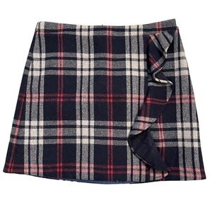 J.Crew Mercantile Navy Pint and Grey Plaid Ruffle Front Wool Blend Mini Skirt 10